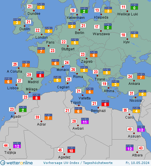Südeuropa: UV-Index-Vorhersage für Freitag, den 29.03.2024