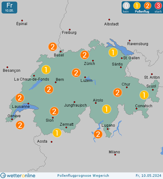 Sankt Moritz: Pollenflugvorhersage Wegerich für Freitag, den 29.03.2024