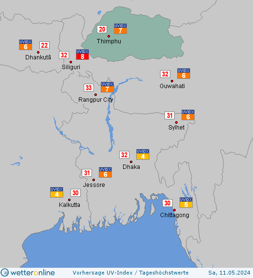Bhutan: UV-Index-Vorhersage für Freitag, den 29.03.2024