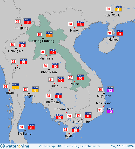 Laos: UV-Index-Vorhersage für Freitag, den 29.03.2024