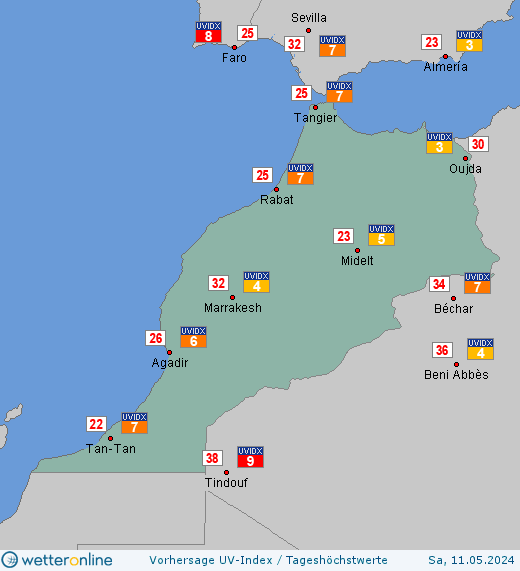 Marokko: UV-Index-Vorhersage für Freitag, den 29.03.2024
