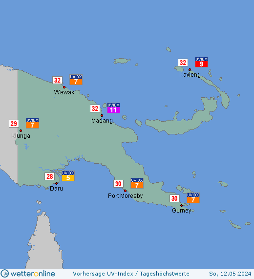 Papua-Neuguinea: UV-Index-Vorhersage für Freitag, den 29.03.2024
