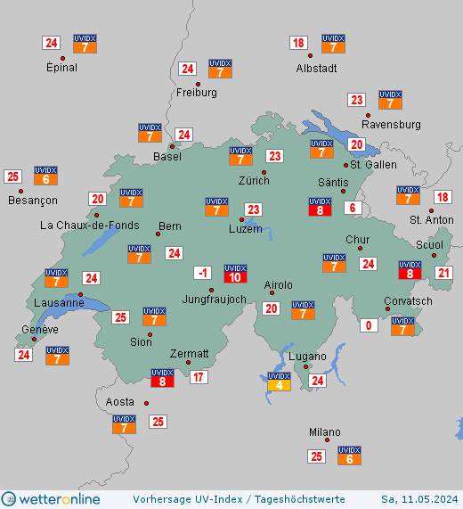 Schweiz: UV-Index-Vorhersage für Freitag, den 29.03.2024