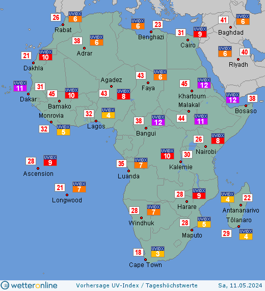 Afrika: UV-Index-Vorhersage für Freitag, den 29.03.2024