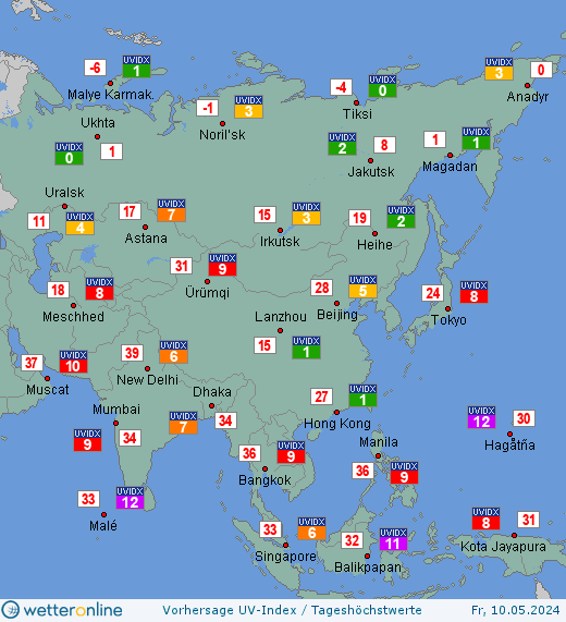 Asien: UV-Index-Vorhersage für Freitag, den 29.03.2024