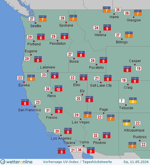 US-Westküste: UV-Index-Vorhersage für Dienstag, den 16.04.2024