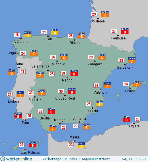 Spanien: UV-Index-Vorhersage für Dienstag, den 16.04.2024