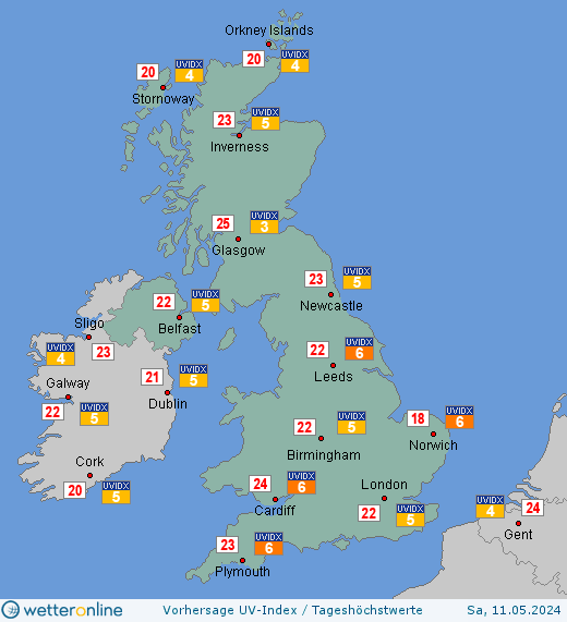 Vereinigtes Königreich: UV-Index-Vorhersage für Dienstag, den 16.04.2024