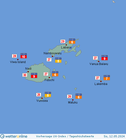 Fidschi-Inseln: UV-Index-Vorhersage für Mittwoch, den 17.04.2024