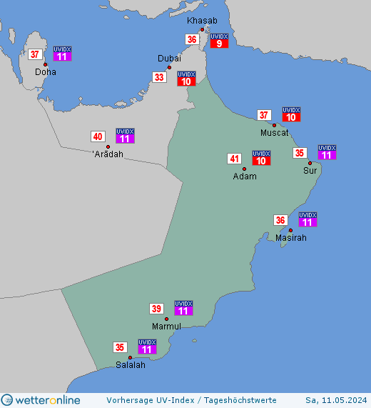 Oman: UV-Index-Vorhersage für Mittwoch, den 17.04.2024