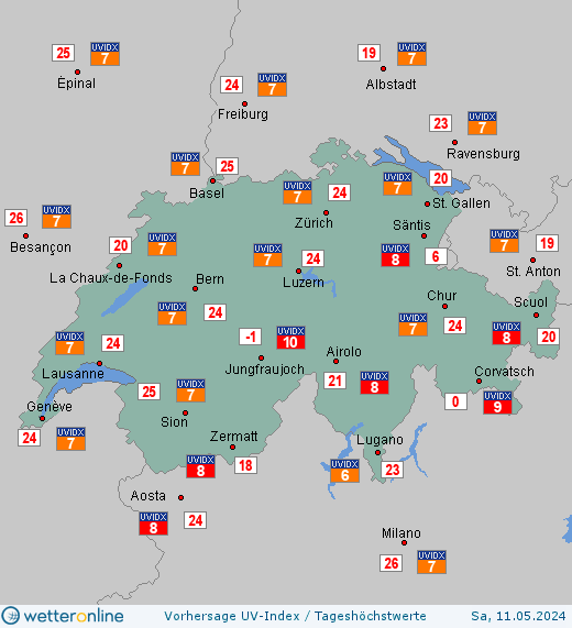 Schweiz: UV-Index-Vorhersage für Mittwoch, den 17.04.2024