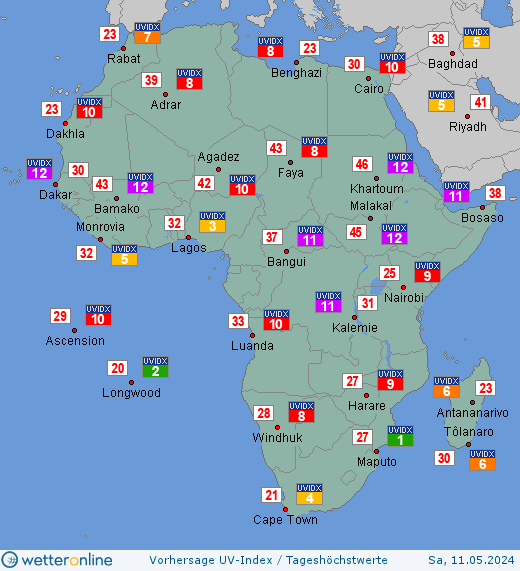 Afrika: UV-Index-Vorhersage für Mittwoch, den 17.04.2024