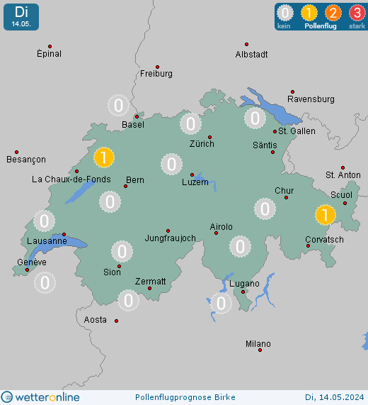 Schweiz: Pollenflugvorhersage Birke für Donnerstag, den 18.04.2024