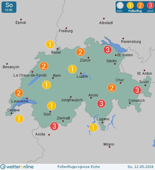 Schweiz: Pollenflugvorhersage Eiche für Donnerstag, den 18.04.2024