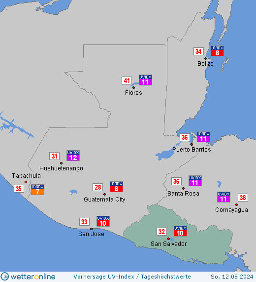 El Salvador: UV-Index-Vorhersage für Donnerstag, den 18.04.2024