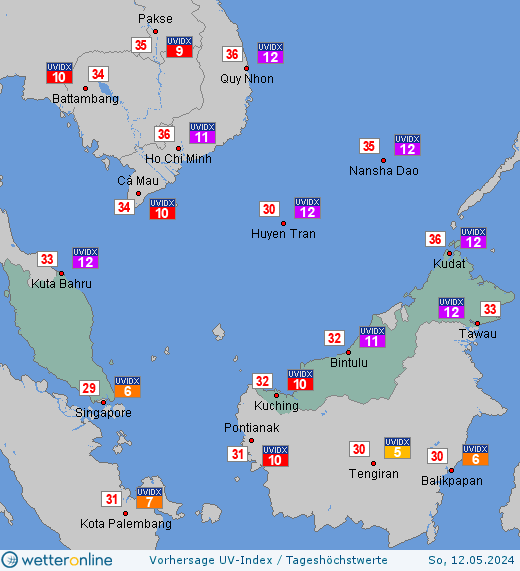 Malaysia: UV-Index-Vorhersage für Donnerstag, den 18.04.2024
