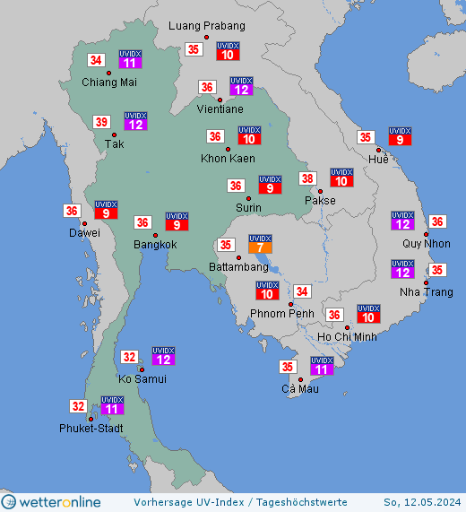 Thailand: UV-Index-Vorhersage für Donnerstag, den 18.04.2024