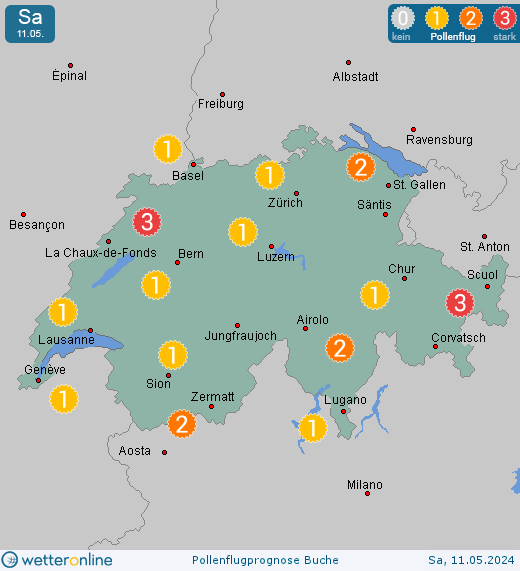 Schweiz: Pollenflugvorhersage Buche für Donnerstag, den 18.04.2024