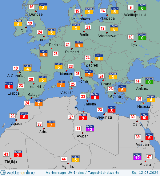 Südeuropa: UV-Index-Vorhersage für Freitag, den 19.04.2024