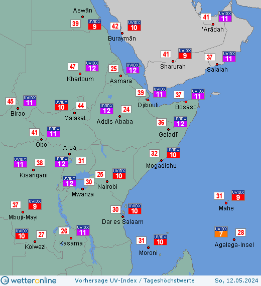 Ostafrika: UV-Index-Vorhersage für Freitag, den 19.04.2024