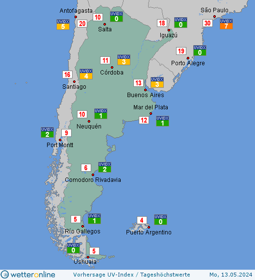 Argentinien: UV-Index-Vorhersage für Freitag, den 19.04.2024
