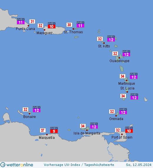 Kleine Antillen: UV-Index-Vorhersage für Freitag, den 19.04.2024