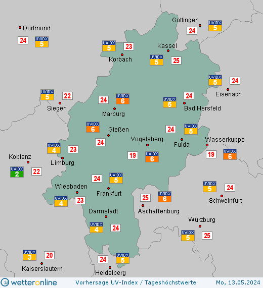 Hessen: UV-Index-Vorhersage für Freitag, den 19.04.2024