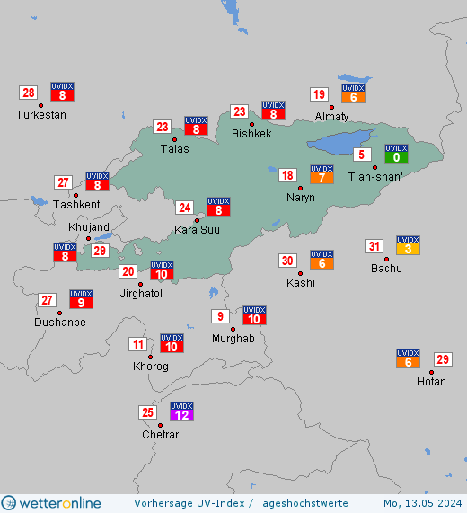 Kirgisistan: UV-Index-Vorhersage für Freitag, den 19.04.2024