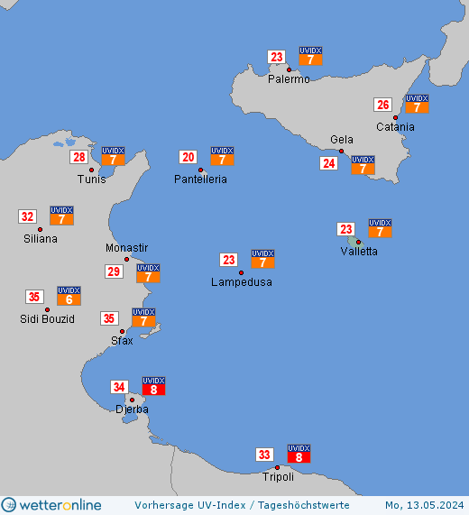 Malta: UV-Index-Vorhersage für Freitag, den 19.04.2024