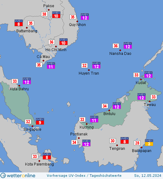 Malaysia: UV-Index-Vorhersage für Freitag, den 19.04.2024