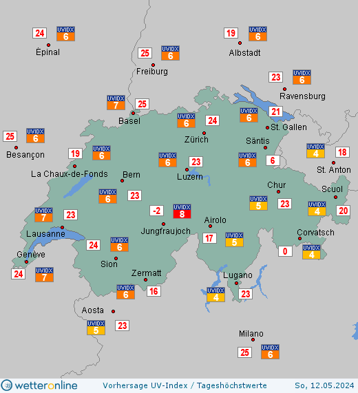 Schweiz: UV-Index-Vorhersage für Freitag, den 19.04.2024