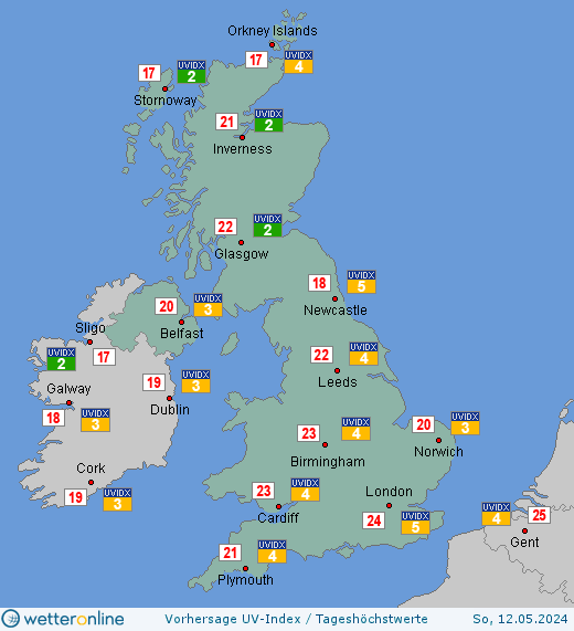 Vereinigtes Königreich: UV-Index-Vorhersage für Freitag, den 19.04.2024