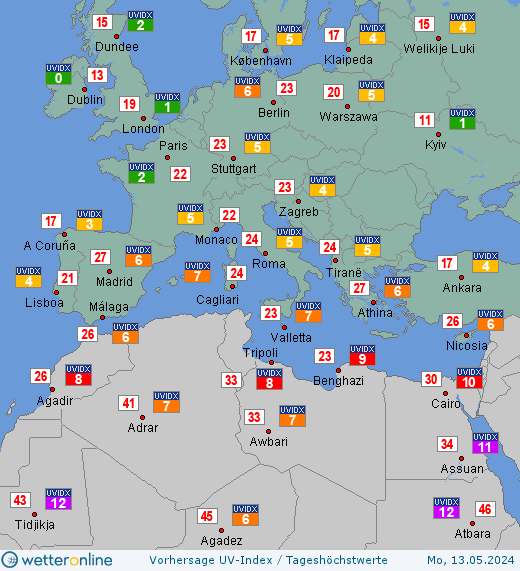 Südeuropa: UV-Index-Vorhersage für Samstag, den 20.04.2024