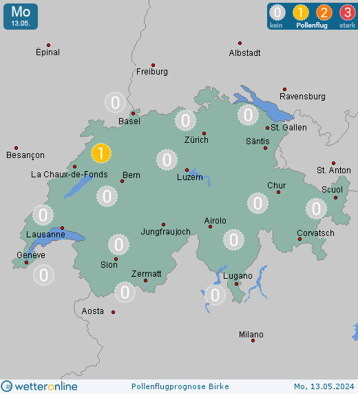 Schweiz: Pollenflugvorhersage Birke für Samstag, den 20.04.2024