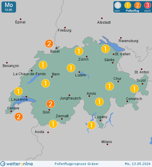 Schweiz: Pollenflugvorhersage Gräser für Samstag, den 20.04.2024