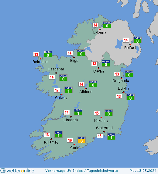 Irland: UV-Index-Vorhersage für Samstag, den 20.04.2024