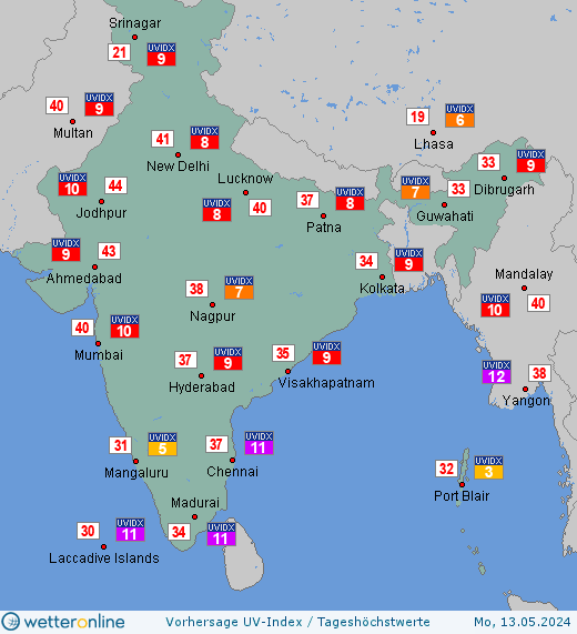 Indien: UV-Index-Vorhersage für Samstag, den 20.04.2024