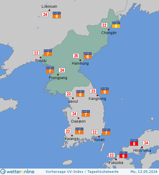 Nordkorea: UV-Index-Vorhersage für Samstag, den 20.04.2024