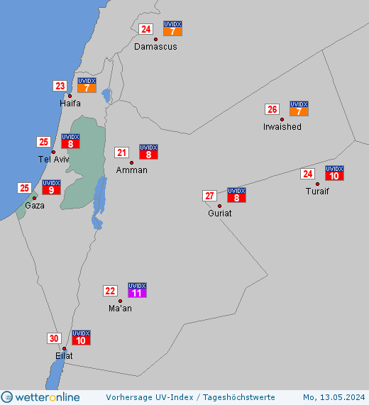 Palästinensische Gebiete: UV-Index-Vorhersage für Samstag, den 20.04.2024