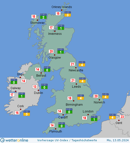 Vereinigtes Königreich: UV-Index-Vorhersage für Samstag, den 20.04.2024