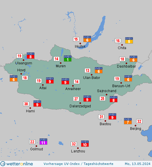 Mongolei: UV-Index-Vorhersage für Samstag, den 20.04.2024