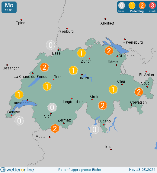 Schweiz: Pollenflugvorhersage Eiche für Samstag, den 20.04.2024
