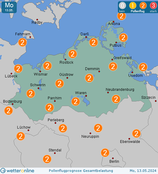 Mecklenburg-Vorpommern: Pollenflugvorhersage Gesamtbelastung für Samstag, den 20.04.2024