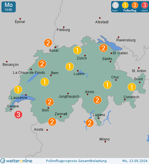 Schweiz: Pollenflugvorhersage Gesamtbelastung für Samstag, den 20.04.2024
