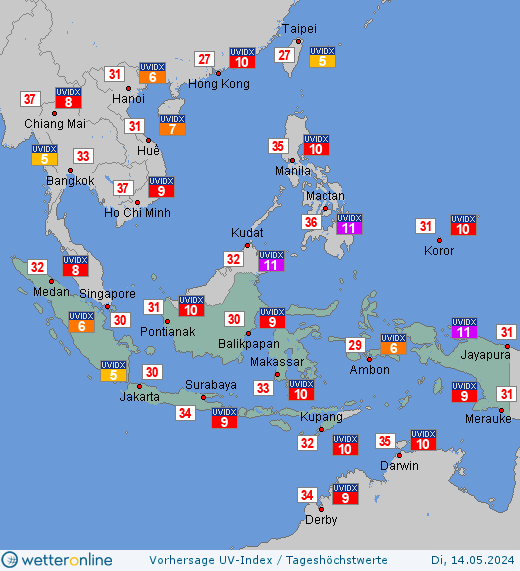 Indonesien: UV-Index-Vorhersage für Sonntag, den 21.04.2024
