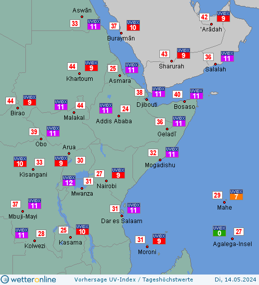 Ostafrika: UV-Index-Vorhersage für Dienstag, den 23.04.2024