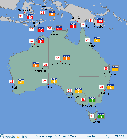 Australien: UV-Index-Vorhersage für Dienstag, den 23.04.2024