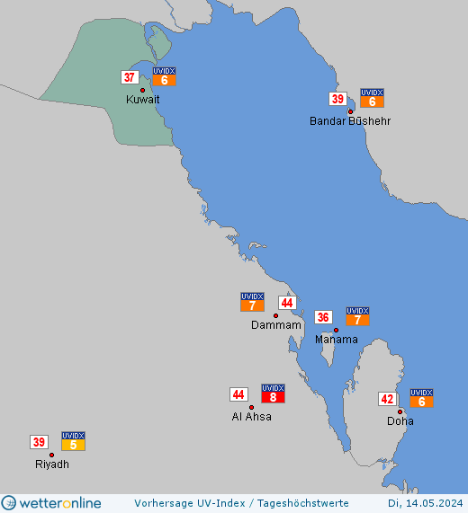 Kuwait: UV-Index-Vorhersage für Dienstag, den 23.04.2024