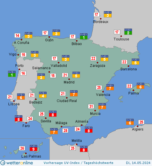 Spanien: UV-Index-Vorhersage für Dienstag, den 23.04.2024