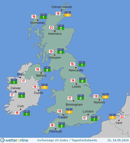 Vereinigtes Königreich: UV-Index-Vorhersage für Dienstag, den 23.04.2024